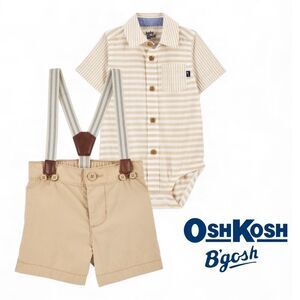 OshKosh B'gosh Baby Boy Suspender Shorts and Striped Button Bodysuit. 6 Months